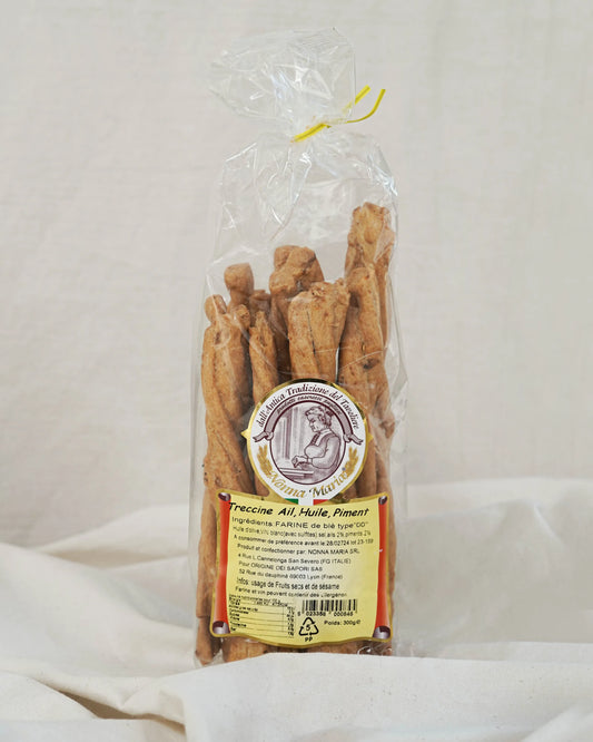 Gressins apéritifs à l'huile d'olive ail et piment - Treccine olio, aglio e peperoncino - 300g