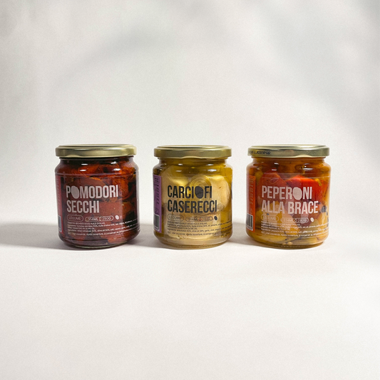 Lot de 3 légumes sous huile d'olive - Tomates séchées, coeurs d'artichaut et poivrons braisés