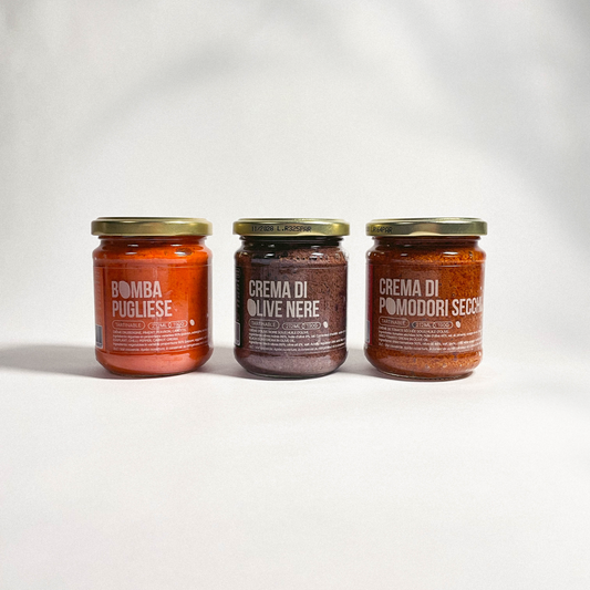 Lot de 3 crèmes de légumes - Bomba pugliese, crème d'olive noire et crème de tomate séchée