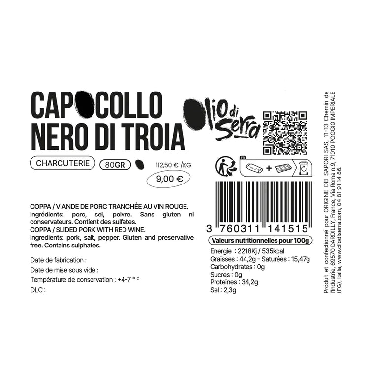 Capocollo Nero di Troia - Coppa au vin rouge Nero di Troia tranchée - 80g