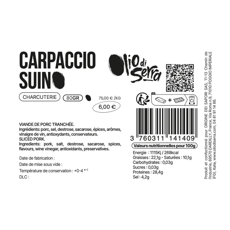 Carpaccio suino - Carpaccio de porc aux herbes aromatiques tranché - 80g