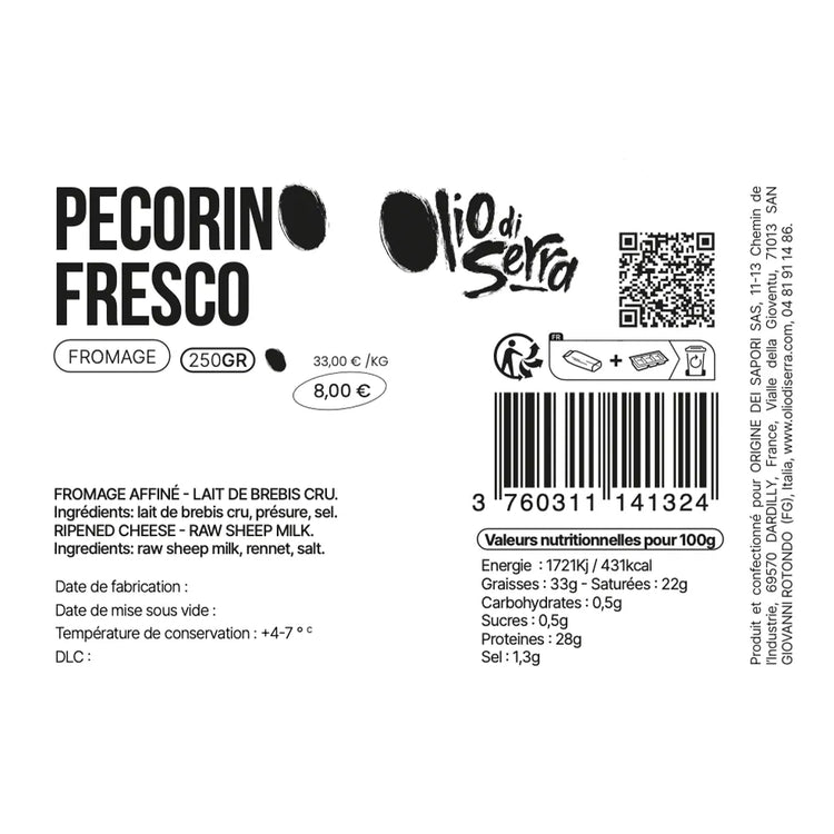 Pecorino fresco - Pecorino frais au lait de brebis du Gargano - 250g