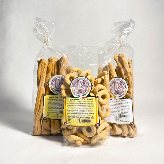 Lot de 3 gressins apéritif - Treccine classique, tarallini fenouil et treccine olives