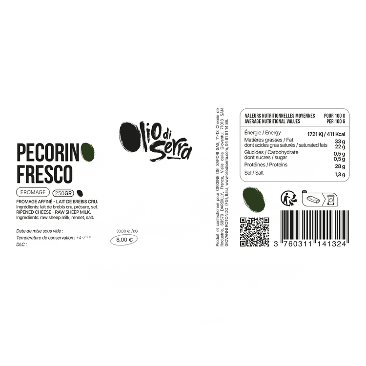 Pecorino fresco - Pecorino frais au lait de brebis du Gargano - 250g