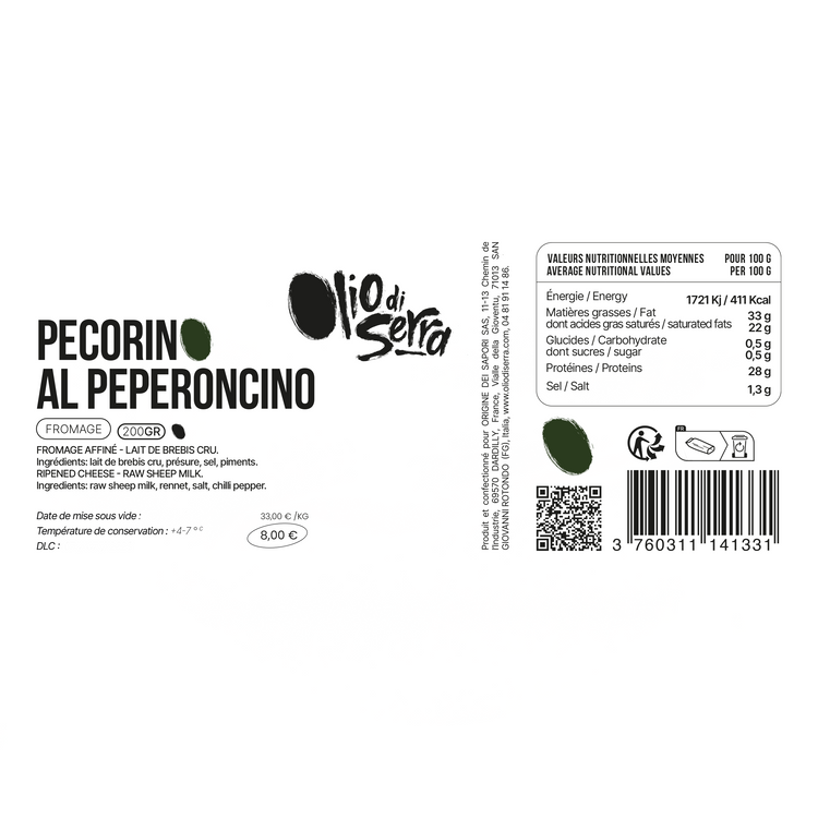 Pecorino al peperoncino - Pecorino aux piments au lait de brebis du Gargano - 250g