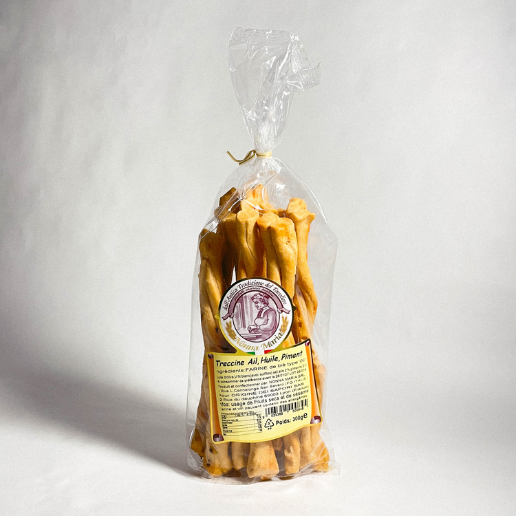 Treccine olio, aglio e peperoncino - Gressins apéritifs à l'huile d'olive ail et piment - 300g