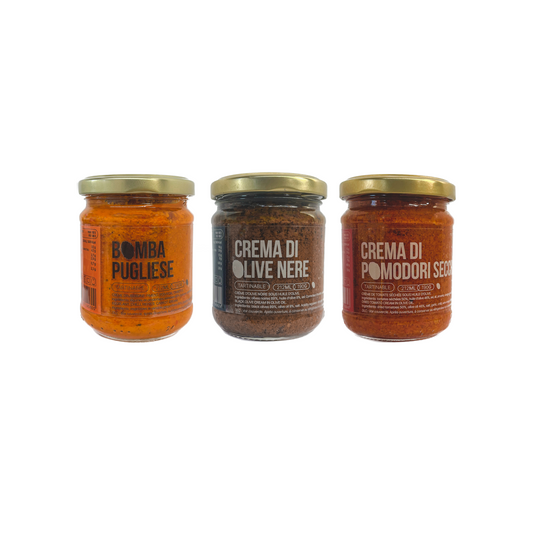 Lot de 3 crèmes de légumes - Bomba pugliese, crème d'olive noire et crème de tomate séchée