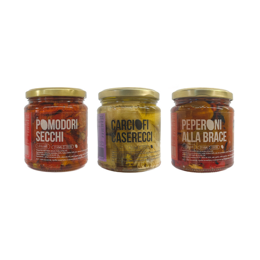 Lot de 3 légumes sous huile d'olive - Tomates séchées, coeurs d'artichaut et poivrons braisés